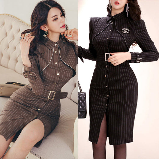 Falda Larga Elegante con Rayas y Abertura, Manga Larga Ajustada - Image 11