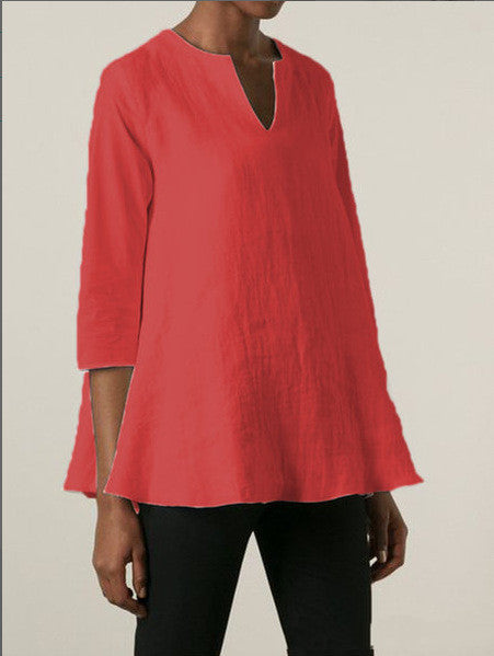 Blusa Suelta de Algodón y Lino con Escote V para Mujer - Image 10