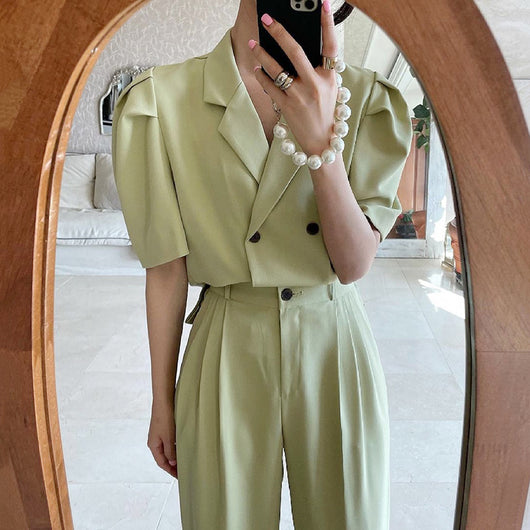 Blazer Cruzado con Mangas Abullonadas + Pantalón Plisado de Cintura Alta - Image 6