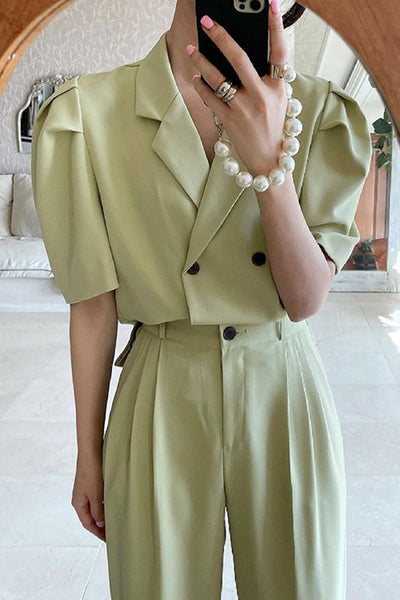Blazer Cruzado con Mangas Abullonadas + Pantalón Plisado de Cintura Alta - Image 5