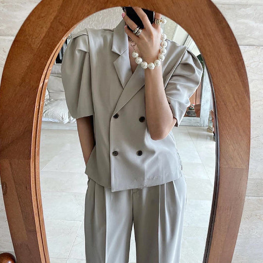 Blazer Cruzado con Mangas Abullonadas + Pantalón Plisado de Cintura Alta - Image 4