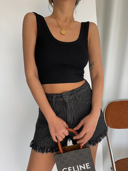 Shorts Talle Alto Ajustado con Borde Deshilachado Estilo Retro