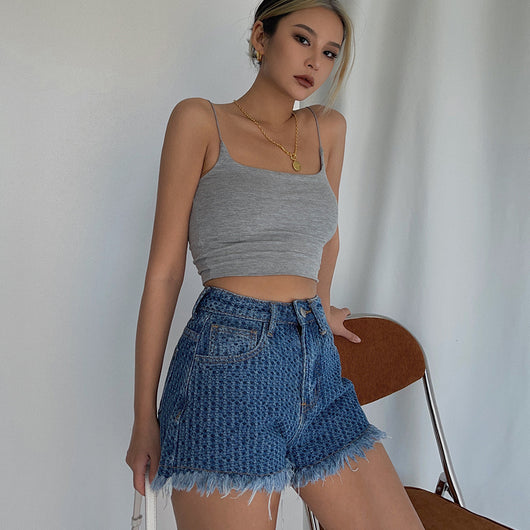 Shorts Talle Alto Ajustado con Borde Deshilachado Estilo Retro - Image 6