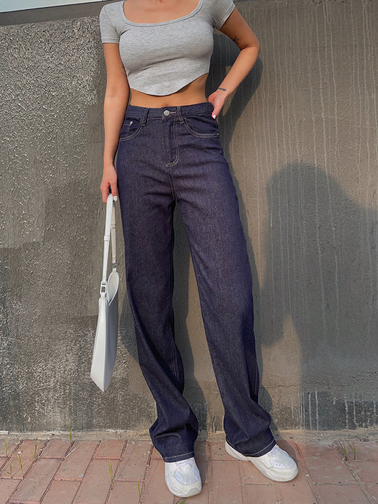 Jeans Cintura Alta Mujer Stretch Pierna Recta Ajuste Suelto