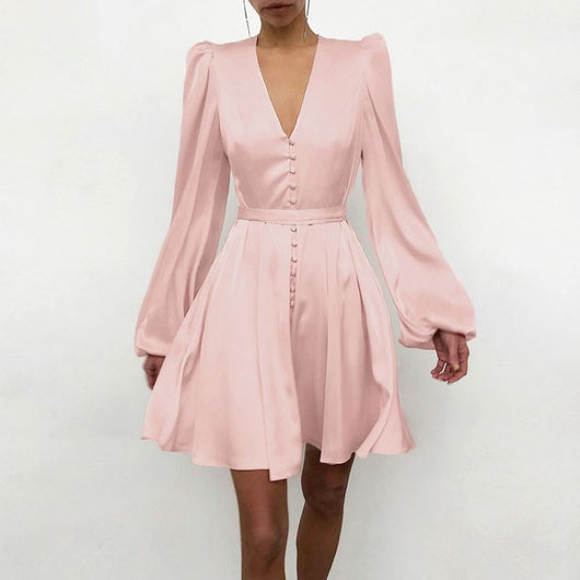 Vestido Elegante Satinado con Cuello V y Mangas Farol - Image 7