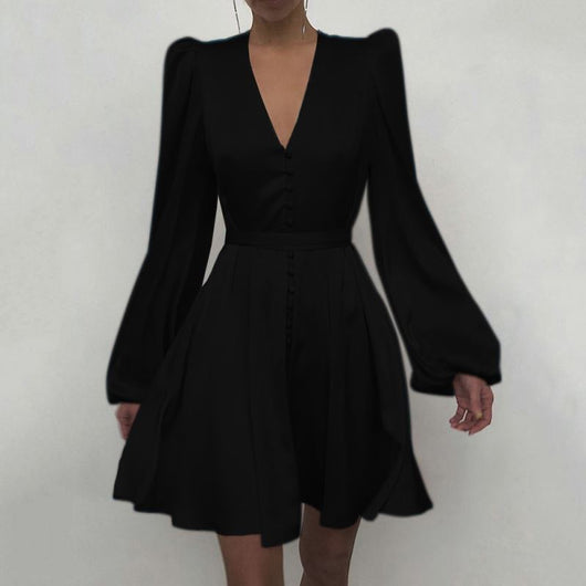 Vestido Elegante Satinado con Cuello V y Mangas Farol - Image 8
