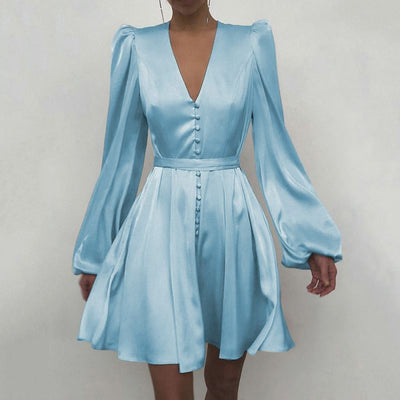 Vestido Elegante Satinado con Cuello V y Mangas Farol - Image 13