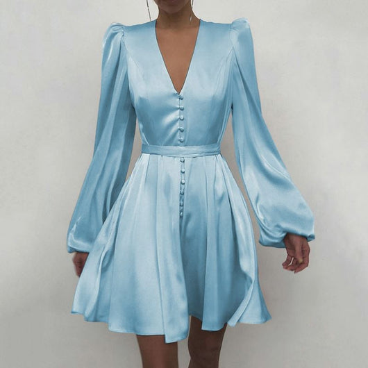 Vestido Elegante Satinado con Cuello V y Mangas Farol - Image 13