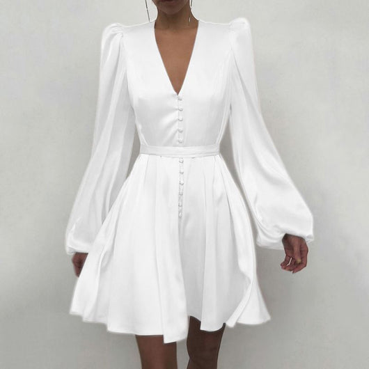 Vestido Elegante Satinado con Cuello V y Mangas Farol - Image 15