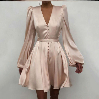 Vestido Elegante Satinado con Cuello V y Mangas Farol - Image 12