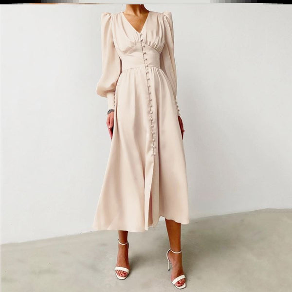 Vestido Elegante Satinado con Cuello V y Mangas Farol