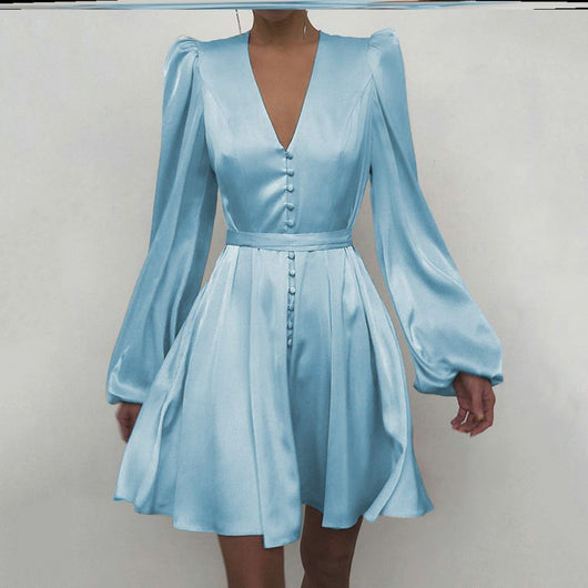 Vestido Elegante Satinado con Cuello V y Mangas Farol - Image 3