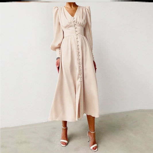 Vestido Elegante Satinado con Cuello V y Mangas Farol - Image 2