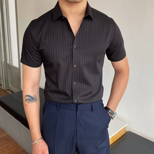 Camisa Manga Corta Slim Fit sin Planchado con Rayas - Estilo Coreano Versátil - Image 9