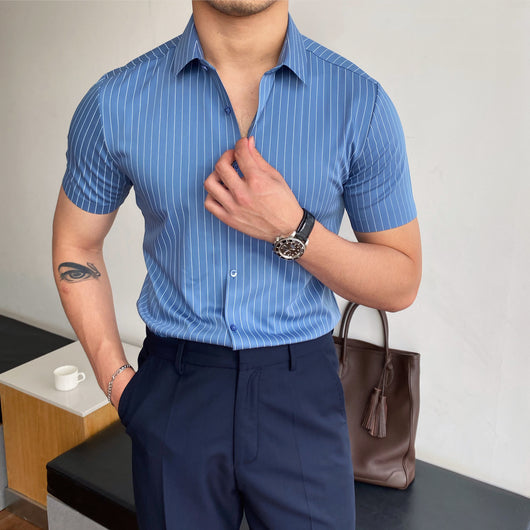 Camisa Manga Corta Slim Fit sin Planchado con Rayas - Estilo Coreano Versátil - Image 7