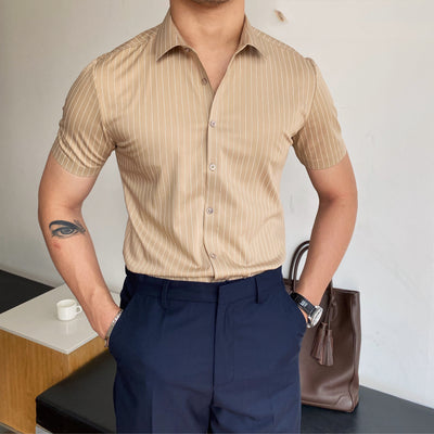 Camisa Manga Corta Slim Fit sin Planchado con Rayas - Estilo Coreano Versátil - Image 10
