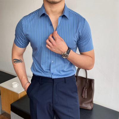 Camisa Manga Corta Slim Fit sin Planchado con Rayas - Estilo Coreano Versátil