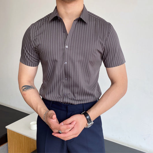 Camisa Manga Corta Slim Fit sin Planchado con Rayas - Estilo Coreano Versátil - Image 2