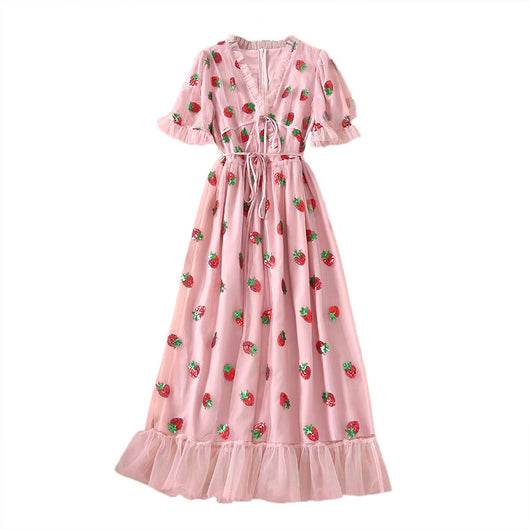 Vestido Infantil con Mangas Abullonadas, Volantes y Bordado de Fresas - Image 8