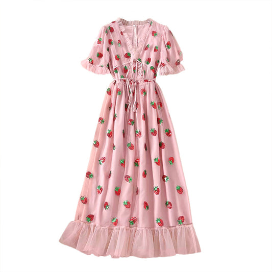 Vestido Infantil con Mangas Abullonadas, Volantes y Bordado de Fresas - Image 2