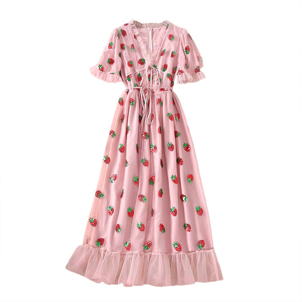 Vestido Infantil con Mangas Abullonadas, Volantes y Bordado de Fresas