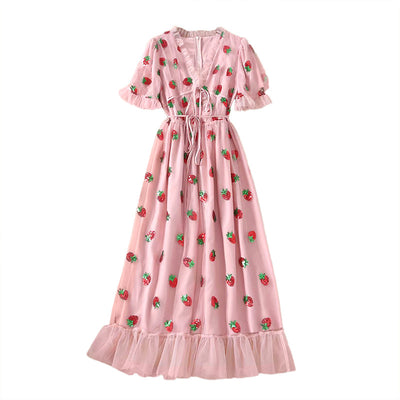 Vestido Infantil con Mangas Abullonadas, Volantes y Bordado de Fresas - Image 2