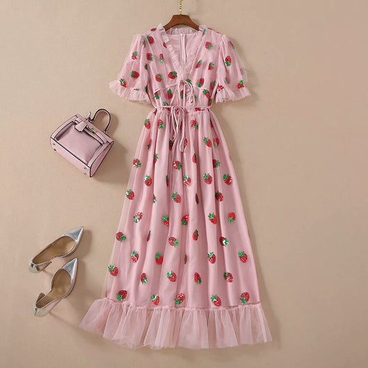 Vestido Infantil con Mangas Abullonadas, Volantes y Bordado de Fresas