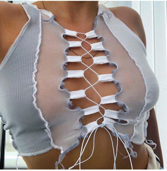 Chaleco Elegante con Escote V y Mangas de Malla con Detalles de Encaje