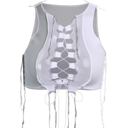 Chaleco Elegante con Escote V y Mangas de Malla con Detalles de Encaje