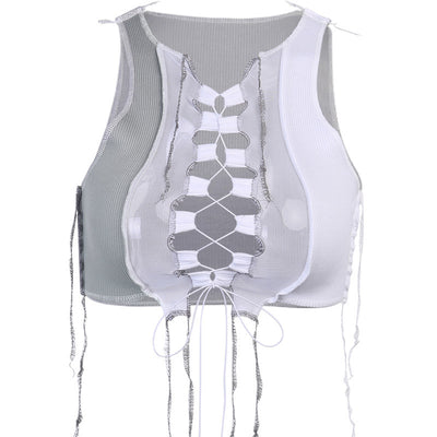 Chaleco Elegante con Escote V y Mangas de Malla con Detalles de Encaje