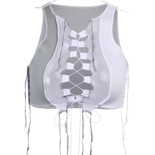 Chaleco Elegante con Escote V y Mangas de Malla con Detalles de Encaje
