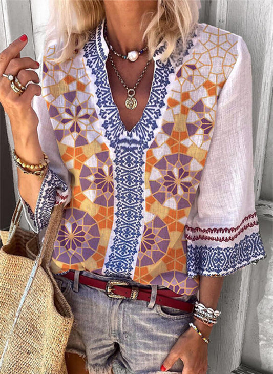 Blusa Estampada V-Escote Manga Trompeta Elegante para Oficina