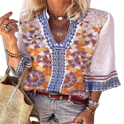 Blusa Estampada V-Escote Manga Trompeta Elegante para Oficina - Image 3