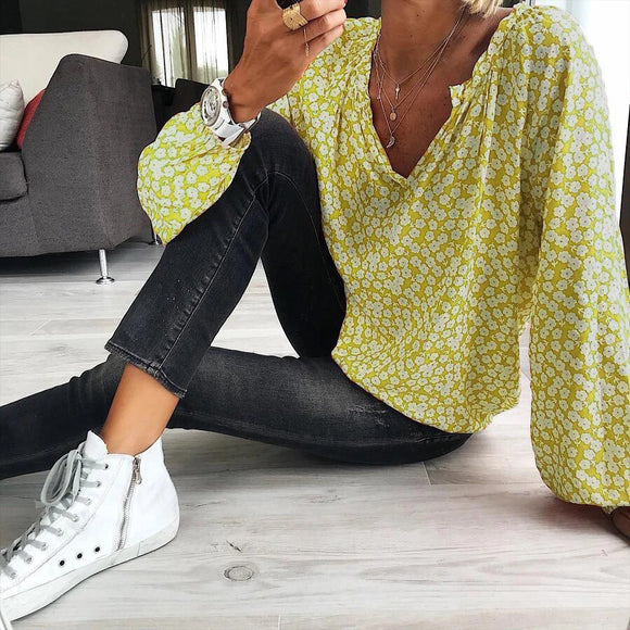 Blusa Suelta Estampada de Manga Larga en Gasa
