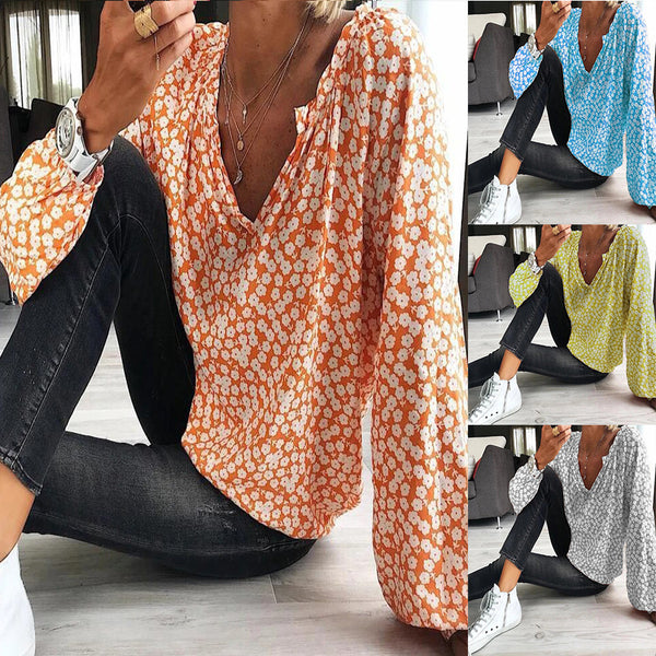 Blusa Suelta Estampada de Manga Larga en Gasa