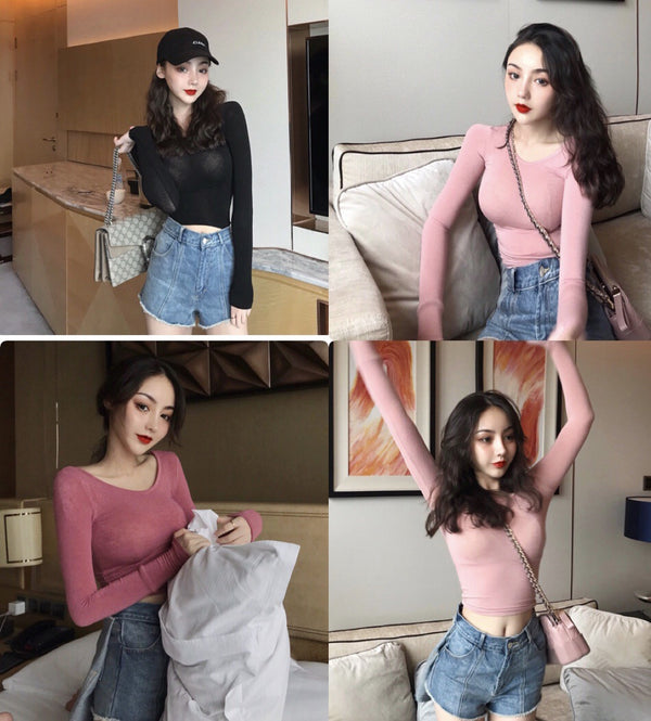 Blusa Retro Otoñal Cuello Redondo Manga Larga Ajustada