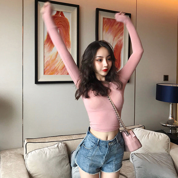 Blusa Retro Otoñal Cuello Redondo Manga Larga Ajustada