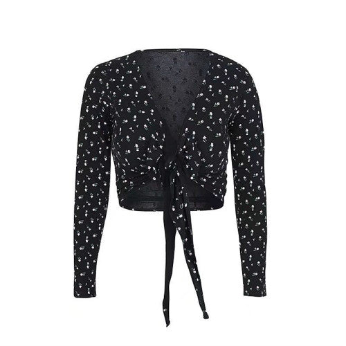 Blusa Versátil de Cuello V con Estampado Figuras y Mangas Ajustables