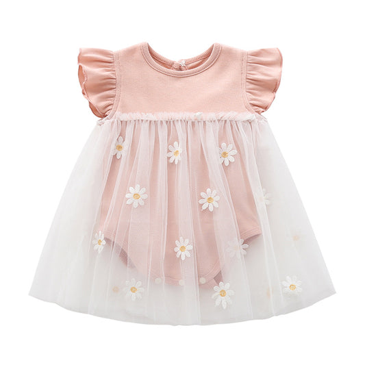 Vestido Infantil Malla Margaritas con Diseño Fruncido