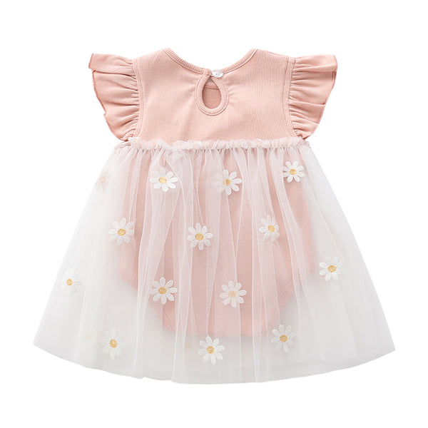 Vestido Infantil Malla Margaritas con Diseño Fruncido - Image 3