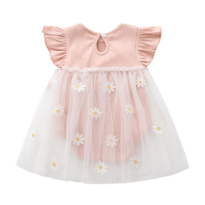 Vestido Infantil Malla Margaritas con Diseño Fruncido - Image 3