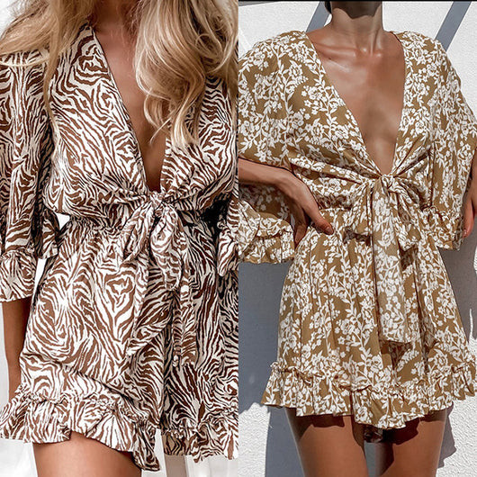 Jumpsuit Elegante con Escote en V, Encaje y Volantes Estampado - Image 3