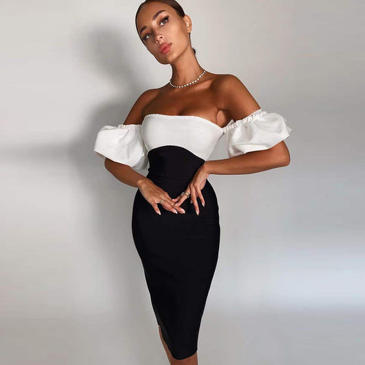 Vestido Tubo Negro y Blanco con Mangas Puff - Diseño Bandage Sexy - Image 10