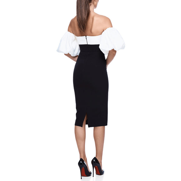 Vestido Tubo Negro y Blanco con Mangas Puff - Diseño Bandage Sexy