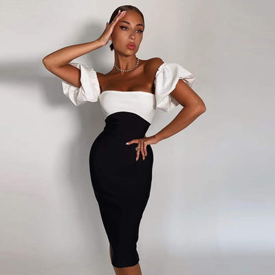 Vestido Tubo Negro y Blanco con Mangas Puff - Diseño Bandage Sexy