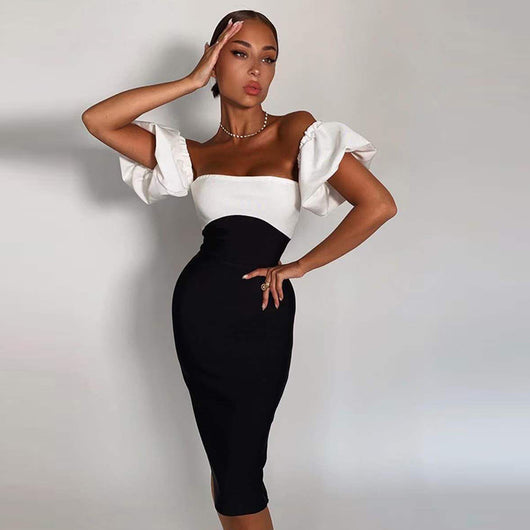 Vestido Tubo Negro y Blanco con Mangas Puff - Diseño Bandage Sexy