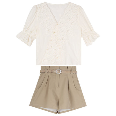 Conjunto de Dos Piezas: Short de Encaje Hueco con Detalle Salado-Dulce - Image 5