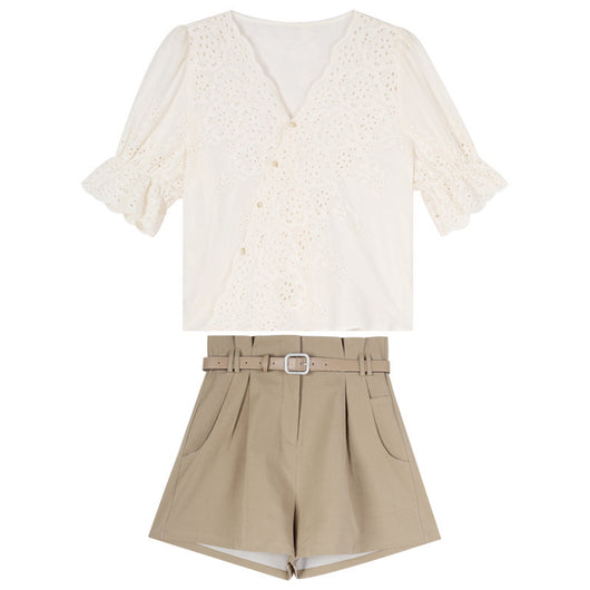 Conjunto de Dos Piezas: Short de Encaje Hueco con Detalle Salado-Dulce - Image 5
