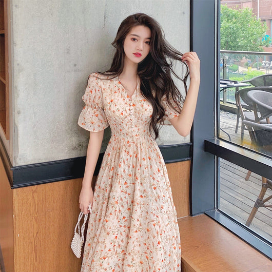 Falda Larga Estilo Francés con Mangas Abullonadas Floral