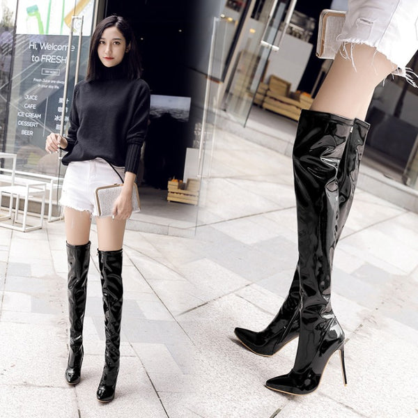 Botas Over the Knee de Cuero Charol con Tacón Alto para Mujer